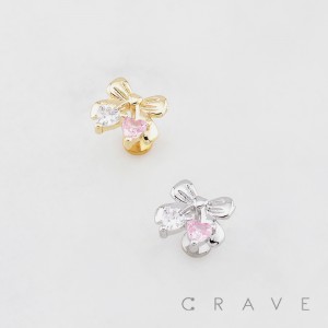 BOW RIBBON DOUBLE HEART THREADLESS (PUSH IN) 316L SURGICAL STEEL LABRET SET